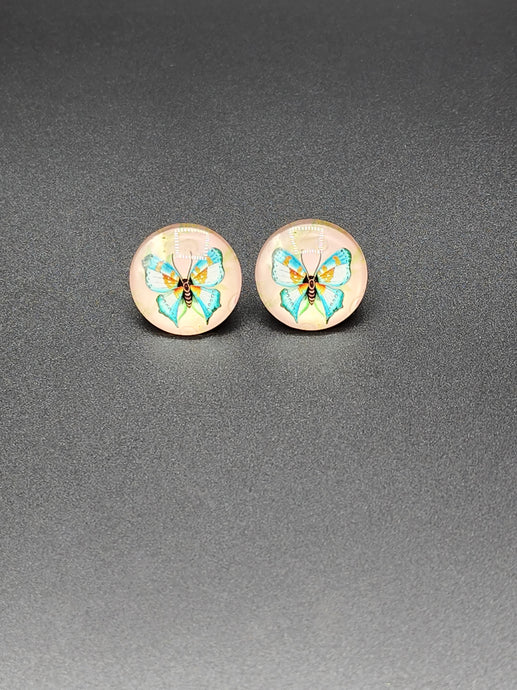 Pink & Blue Butterfly Glass Stud Earrings